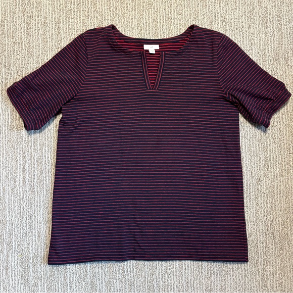 J. Jill Tops - J. Jill Navy and Red Striped Jacquard Split Neck Top Slight Puff Sleeve Size‎ M